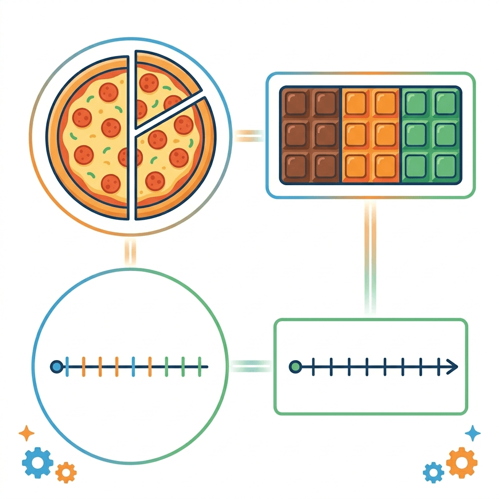 Fractions shown three ways — pizza, bar, number line