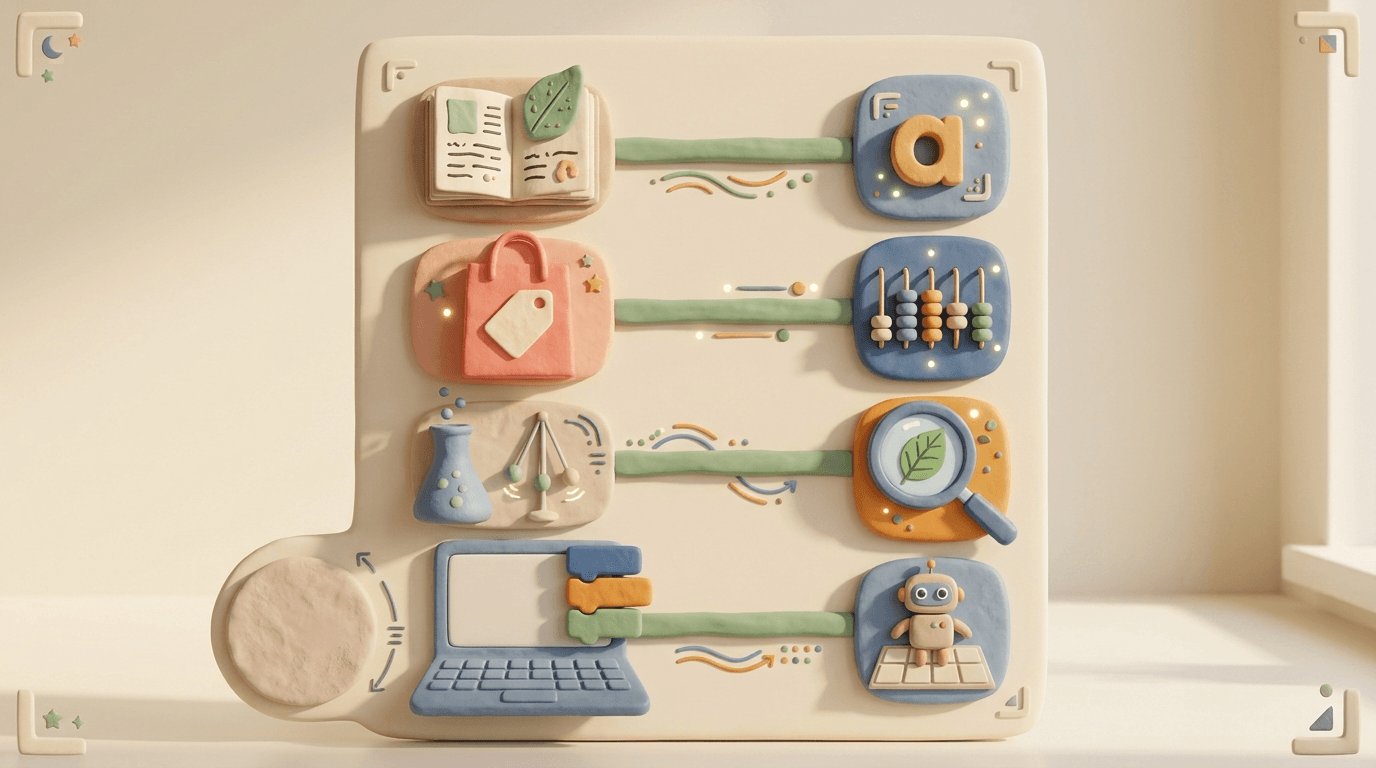 The four things PISA measures, reading, maths, science and learning in the digital world, mapped to the Samio modules that practise them from age four