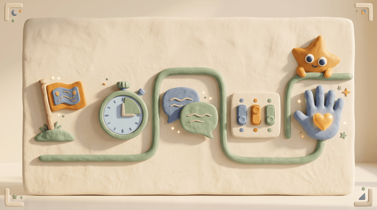 Five clay objects for the five play-along habits: a signpost for a tour, a timer for short regular sessions, two speech bubbles for asking who, toggle switches for settings together, and an open hand holding a heart for you can always tell me