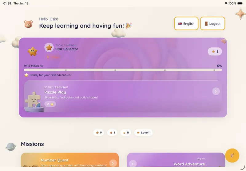 Samio student app — mission hub on a tablet